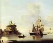 Francis Swaine An English two-deker and a Dutch barge at anchor off a coastal fort oil on canvas